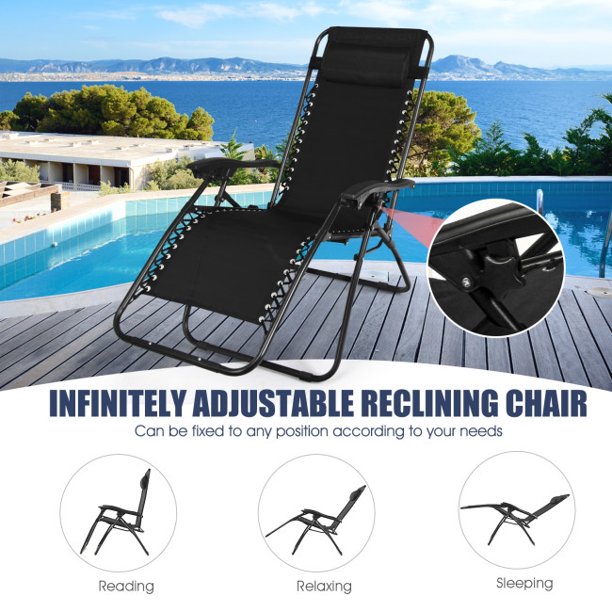 Vebreda 3 Pieces Lounge Chairs Table Set Folding Portable Zero Gravity Reclining Chair