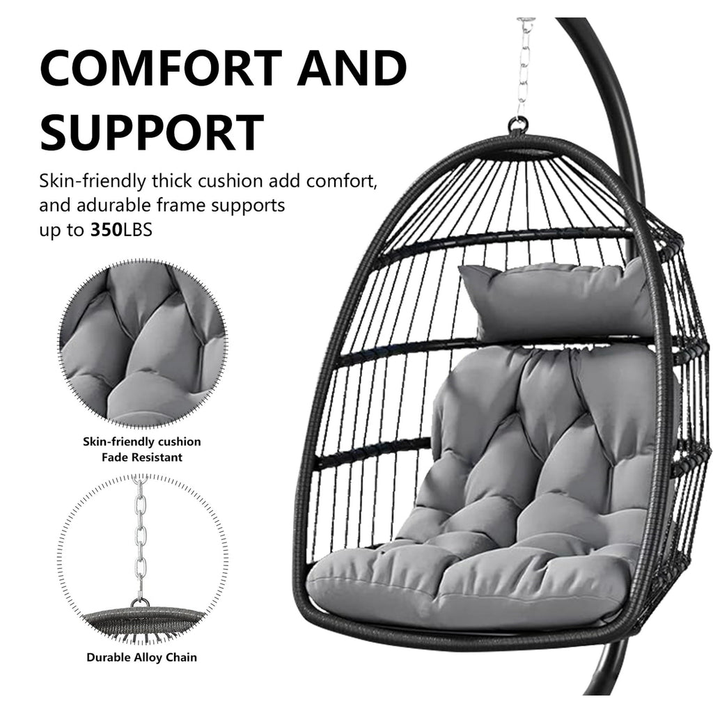 HONGGE Patio Hanging Egg Chair with Stand and Folding Basket Indoor Outdoor Use, Black
