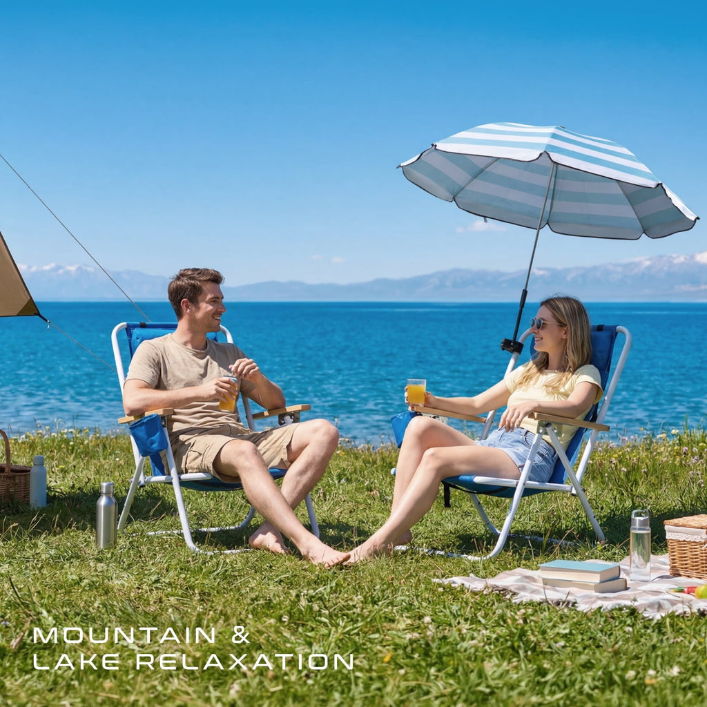 Vebreda Beach Chair with Umbrella, Folding Heavy Duty Camping Chair, Blue