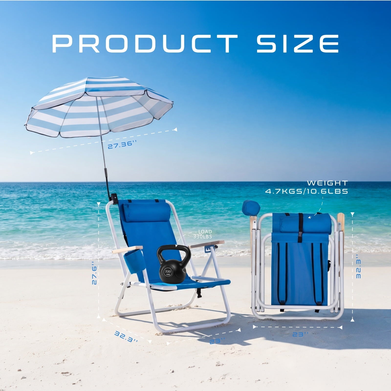 Vebreda Beach Chair with Umbrella, Folding Heavy Duty Camping Chair, Blue