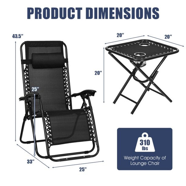 Vebreda 3 Pieces Lounge Chairs Table Set Folding Portable Zero Gravity Reclining Chair