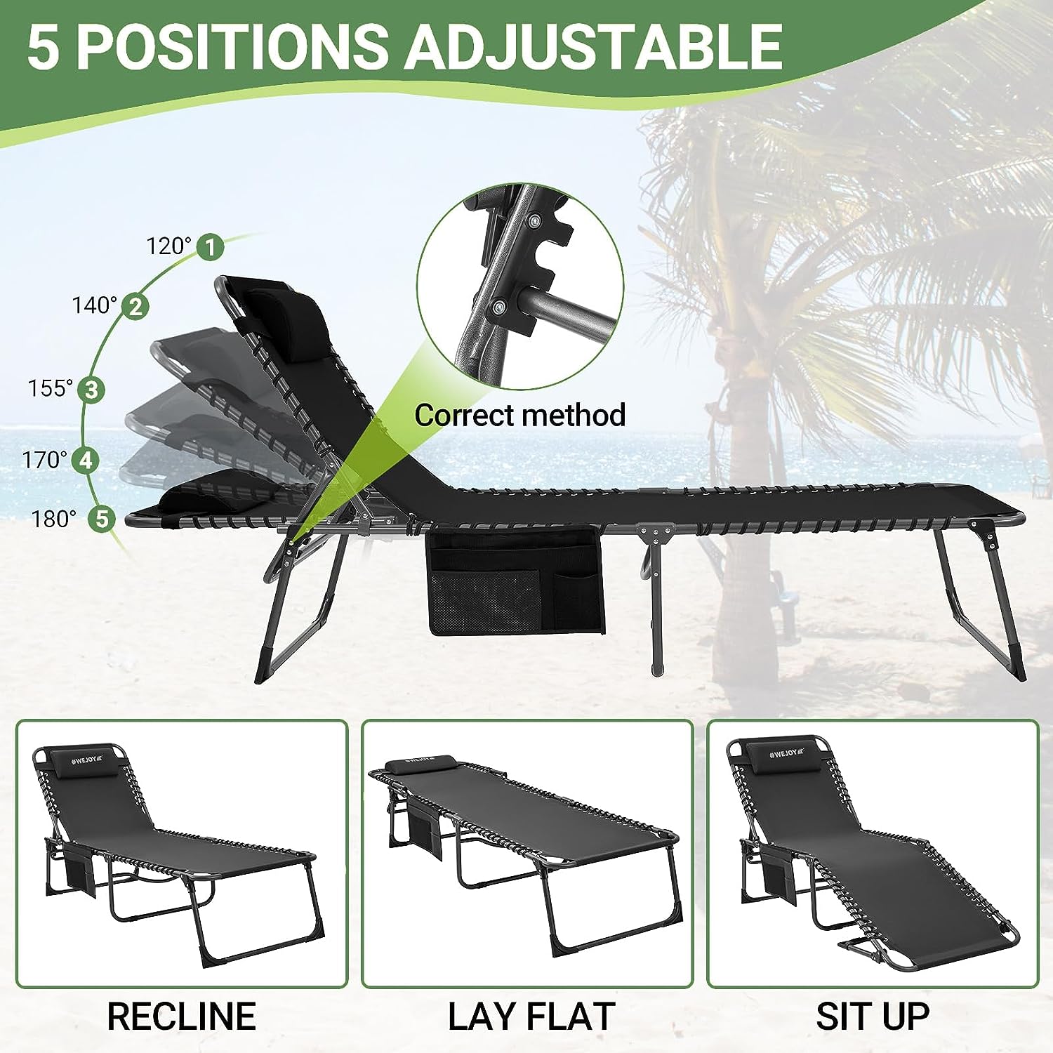 Folding Chaise Lounge Chair for Outside Patio Beach
