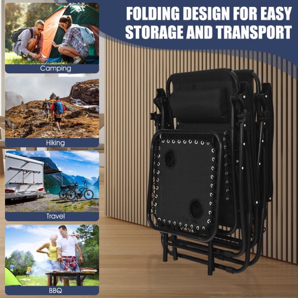 Vebreda 3 Pieces Lounge Chairs Table Set Folding Portable Zero Gravity Reclining Chair