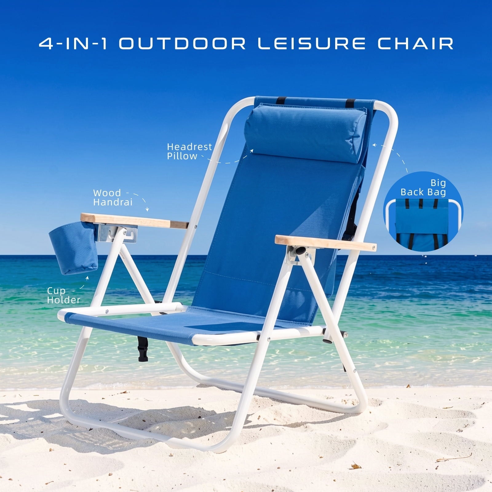 Vebreda Beach Chair with Umbrella, Folding Heavy Duty Camping Chair, Blue