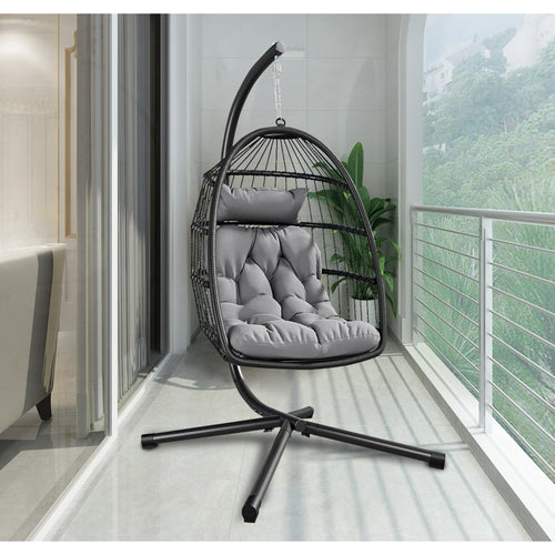 HONGGE Patio Hanging Egg Chair with Stand and Folding Basket Indoor Outdoor Use, Black